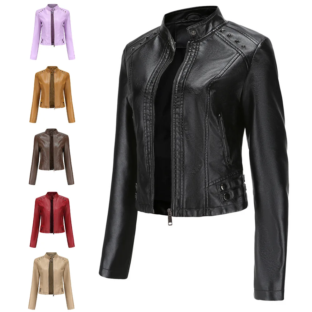 Leather Clothes Women's Short Spring and Autumn Jacket Long Sleeve Women's Jacket Thin Stand Collar Fashion Jacket Sleeve Style