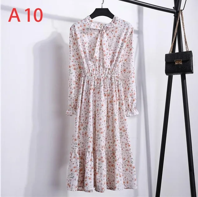Корейская черная рубашка Vestidos для офиса в горошек, винтажные осенние платья, Женское зимнее платье, миди платье с цветочным рисунком и длинным рукавом для женщин - Цвет: 10