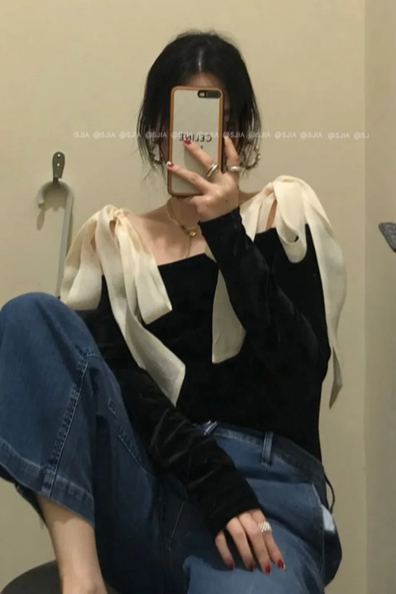 

Generous and Elegant Women Pullovers Top Korea-style Slash Neck Bow Long-sleeved Velour Tops Slim Feminine