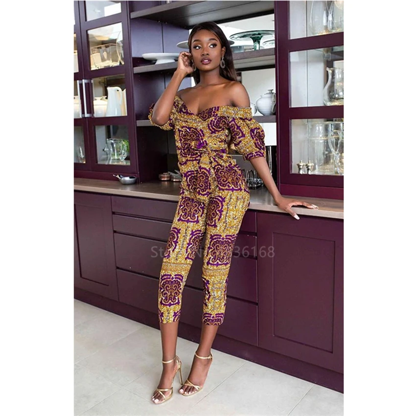 

African Dresses for Women 2020 Fashion Pants Dashiki Print Shoulder Off Ankara Jumpsuit Trousers Robe Africaine Novelty Clothes