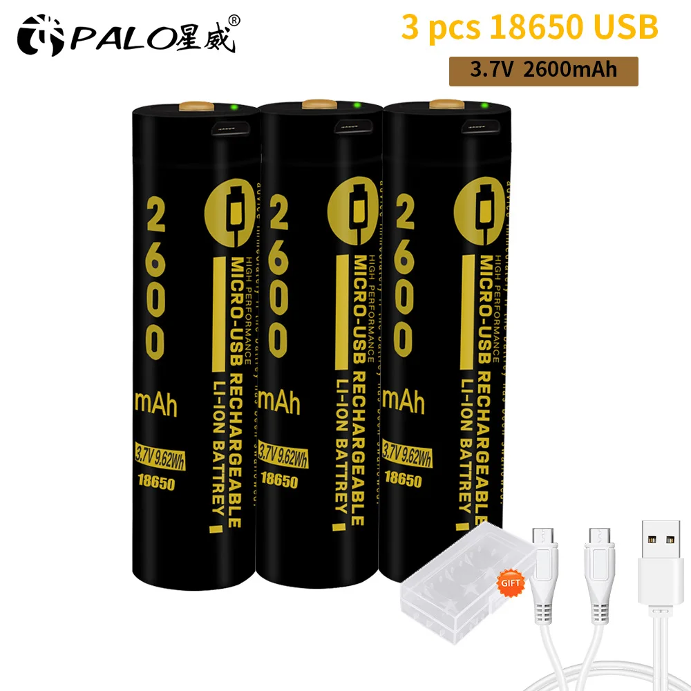 PALO 3 шт микро USB 18650 2600mAh 3,7 V литий-ионная батарея 18650 USB литий-ионная аккумуляторная батарея для фонариков