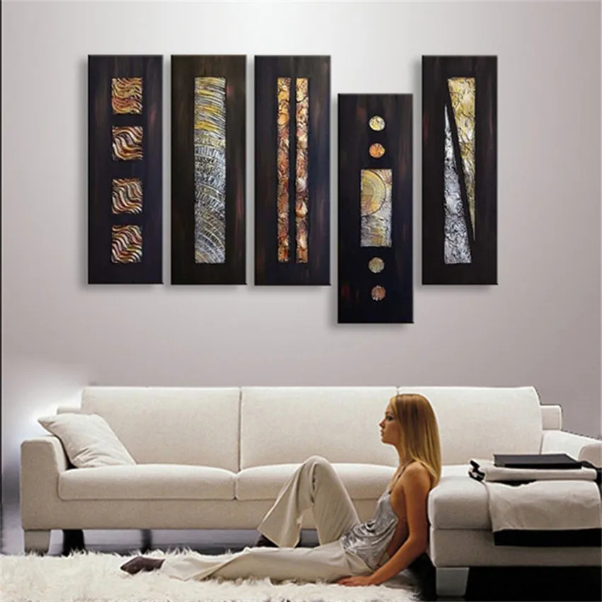 

handmade modular Oil Painting Black Canvas textured 5 Panel Wall Art Home Decor Modern Abstract Picture Set Art
