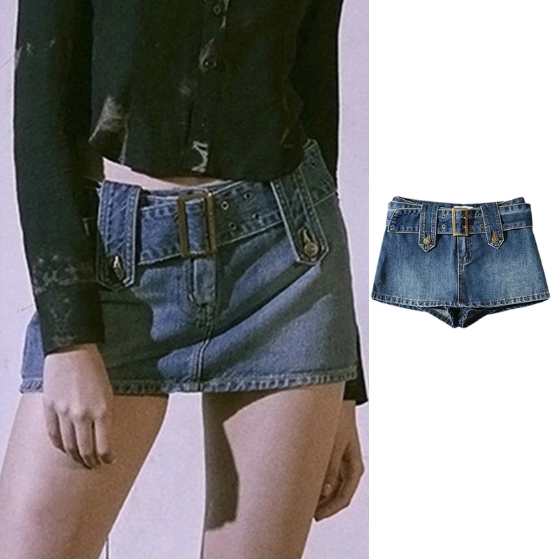 

X5XD Women Vintage Washed Blue Jeans Package Hip Micro Mini Skirt with Sashes Belt Mid Waist Zip Fly Button Harajuku Bodycon