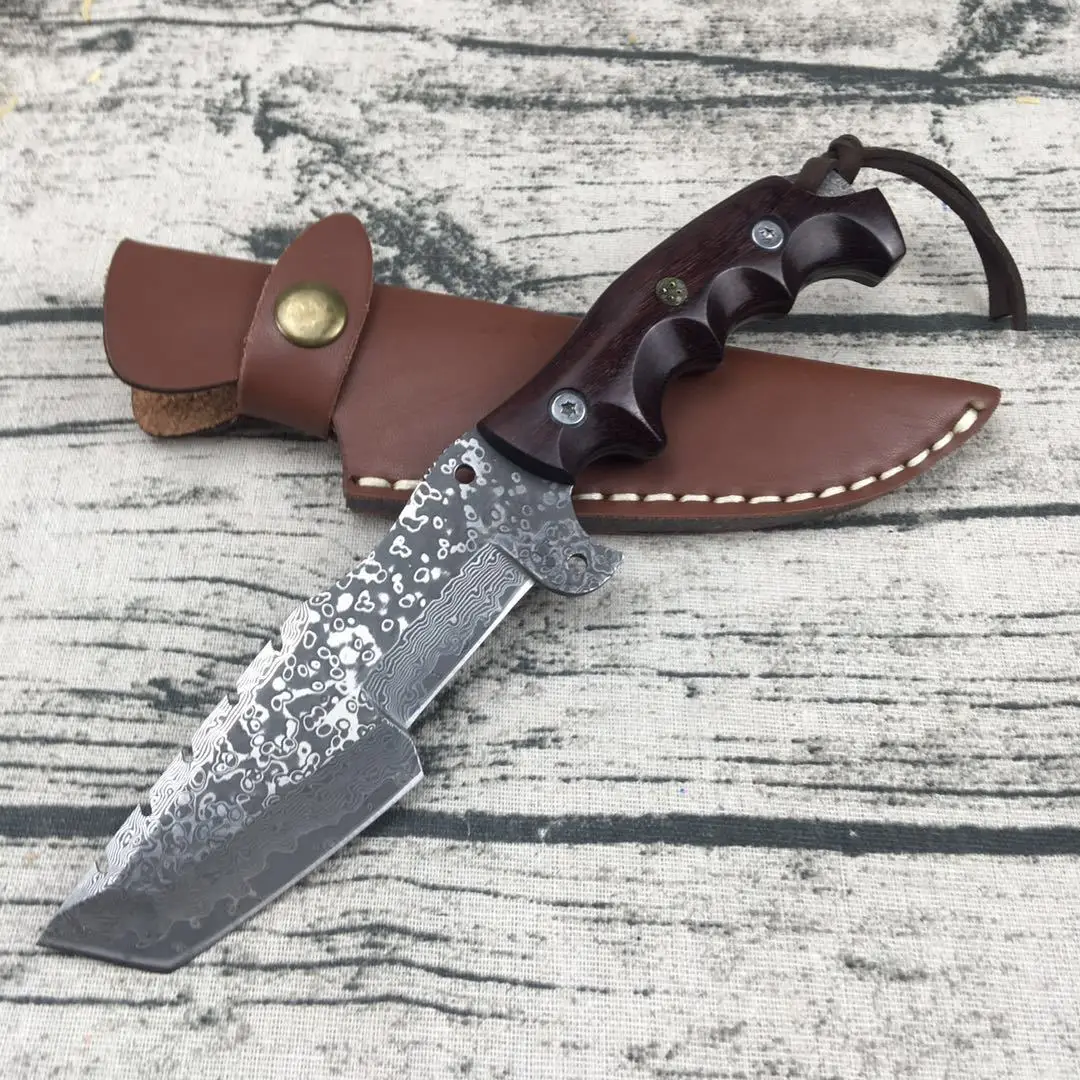 

Camping cutter-keel integrated patterned 59HRC Damascus steel knife rosewood outdoor survival straight knife fixed