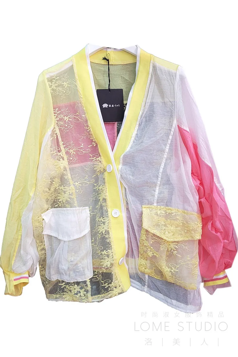 

Women Long Sleeve Dropshipping Blouses 2021 Summer Color Block V Neck Short Shirt Female Lace Top Sun Protective Coat