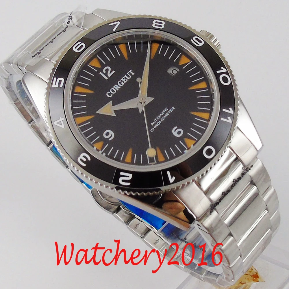 

Corgeut 41mm men clock black dial MIYOTA 8215 Automatic calendar Mechanical Sapphire crystal men wristwatch luxury top brand