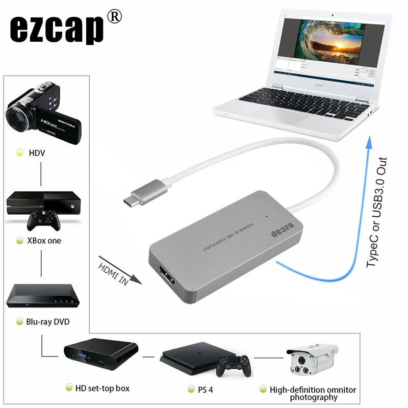 HDMI To Type C USB 3.0 HD Game Capture Card 1080P 60fps for PS3 PS4 Xbox Switch Phone PC Video Recording, Live Streaming Device