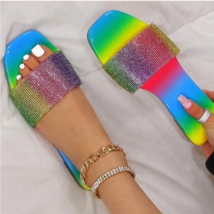

2021 New Women Rhinestone Slides Square Toe Flat Slippers Light Summer Outdoor Beach Non-Slip Casual Sandals Rainbow All-match