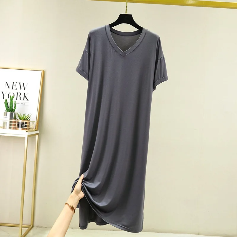 

2021 summer new modal base long skirt short sleeve loose split V-neck fat mm large size slim dress