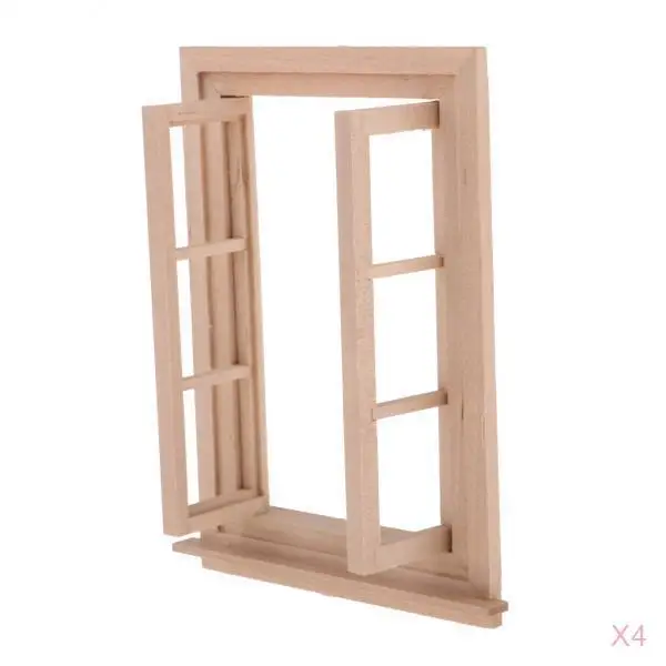 

4 Pieces 1:12 Dollhouse Miniature DIY Wooden Window Frame Double Hung 6 Panel Glass Frames