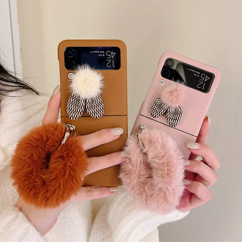 Phone Cases For Samsung Galaxy Z Flip 3 Case Cute Furry Fur Rabbit Ears Matte Cover Case For Samsung Galaxy Z Flip3 ZFlip3 5G