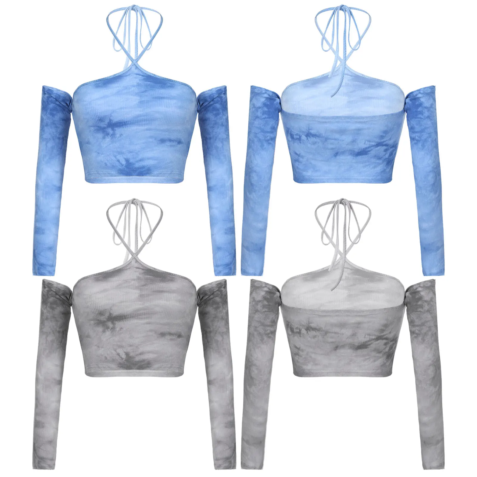 

Women Autumn Tops Halter Neck Long Sleeve Dance Shirt Tie Dye Print Open Upper Back Crochet Crop Top Casual Gym Yoga Sport Top