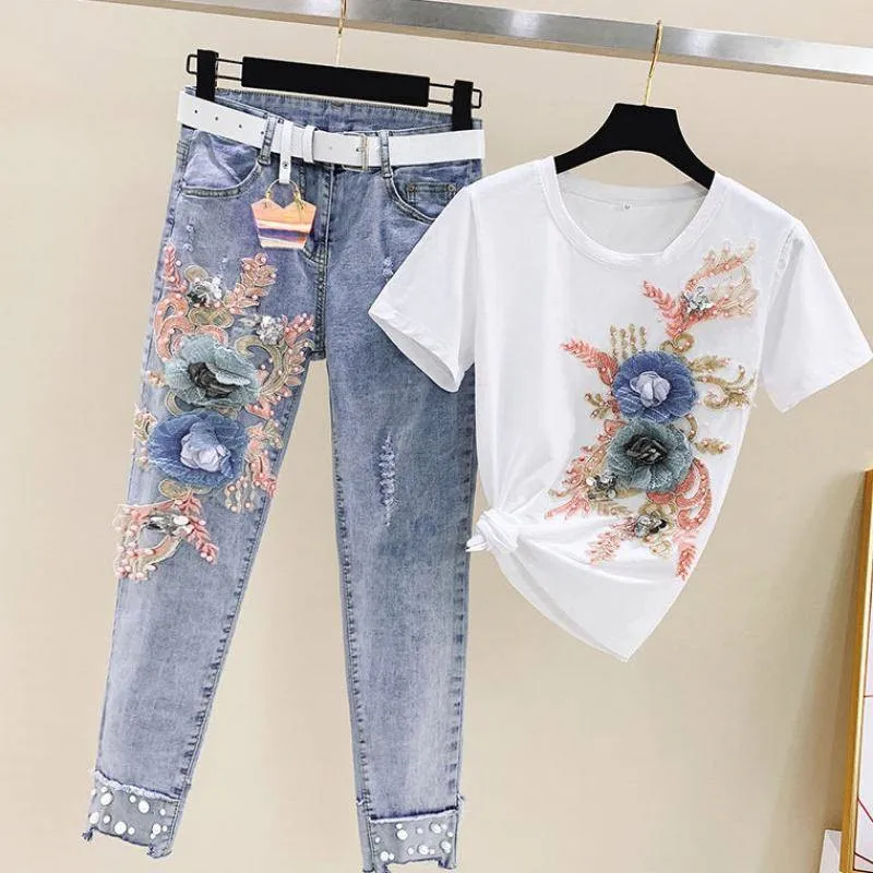Summer Women Two Piece Set Heavy Work Embroidery 3D Flower Short Sleeve Tshirts + Pearl Jeans 2 Piece Set Casual Long Pants Suit