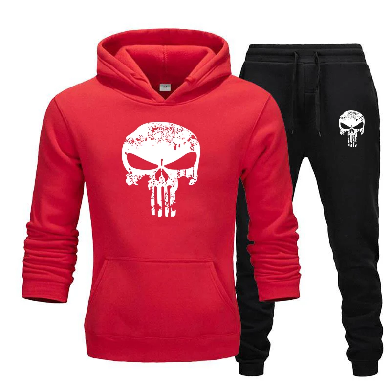 

2 Pieces Sets Tracksuit Men Skull Brand Autumn Winter Hooded Sweatshirt +Drawstring Pants Male Sport Hoodies Running Sportswear