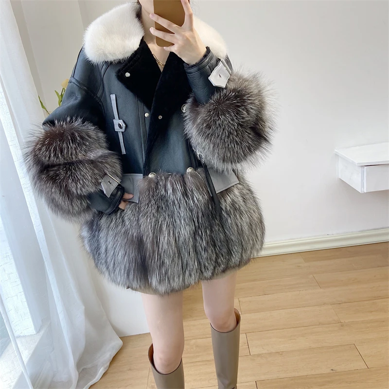 

Nature Mink Fur Collar Fur Jacket Women 2021 New Fox Fur Coat Splicing Real Leather Fur Coat Outwear Female Winter Warm Jackets