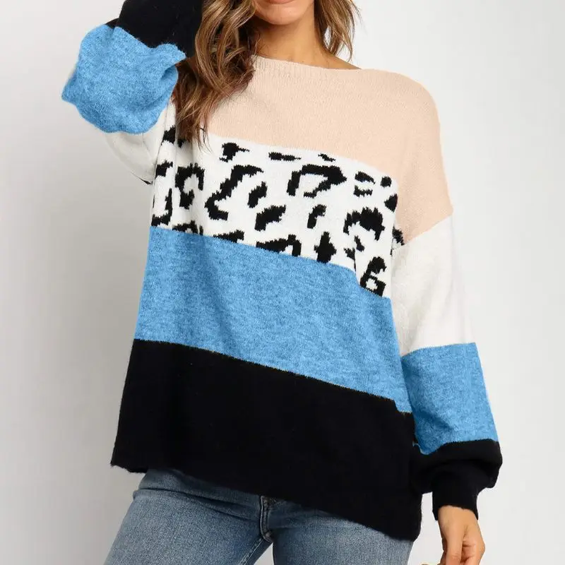 

Women Winter Autumn Round Neck Knitted Sweater Casual Long Sleeve Leopard Color Block Wide Stripes Loose Pullover Tunic Tops Str