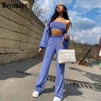 beyouare casual wide leg pants strapless suit women two piece set high waist trousers diamonds crop top outfit autumn streetwear