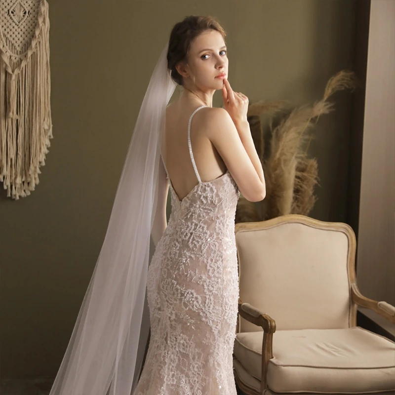 

T84B 1 Tier Bridal Veil with Comb Long Drop Veil Cathedral Length Cut Edge Simple Tulle Veil White for Wedding Party