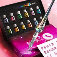 13 pcsset handmade rainbow glass pen glitter gradient dip pen 12 colors ink gift box writing painting calligraphy stationery