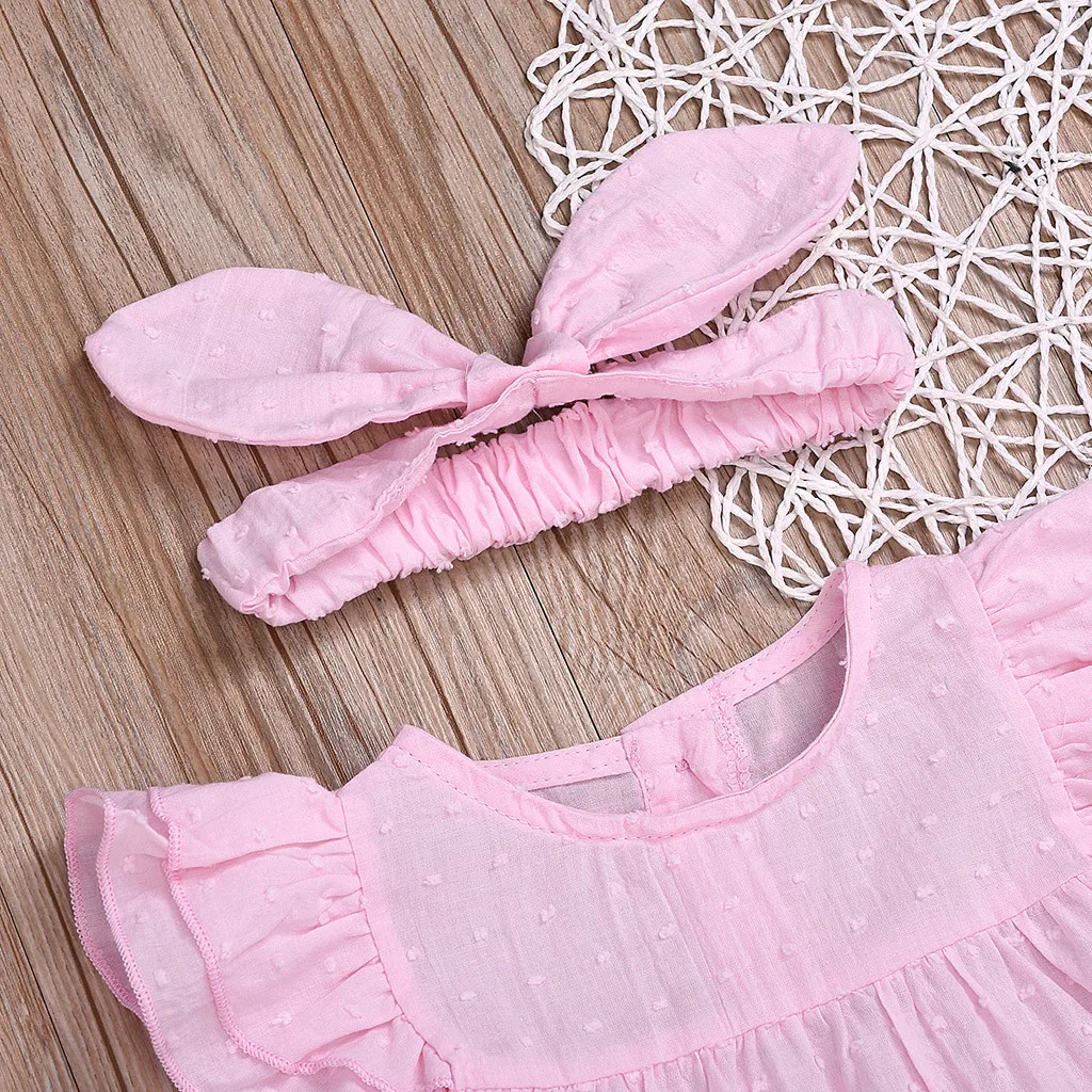 Girls Summer Outfits Toddler Kids Baby Sleeveless Solid Frill Princess Dress + Headband Outfit Vetement Fille For 6M-2Y | Детская одежда