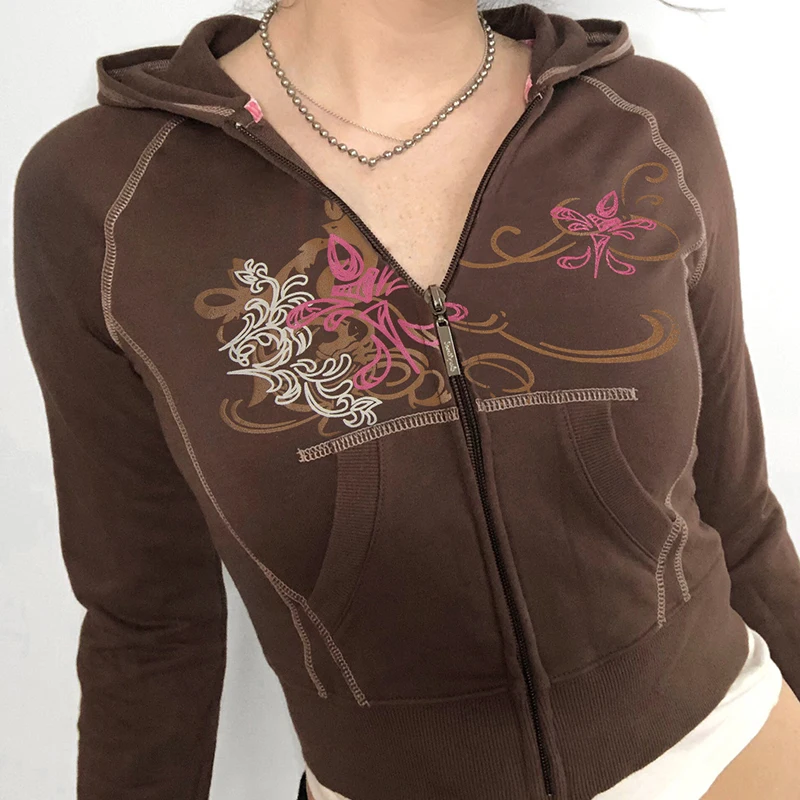 

Vitnage Print Kawaii Cropped Jackets with Pockets Autumn Spring Zipper Long Sleeve Hoodies Fairycore Grunge Sweatshirt Outerwear