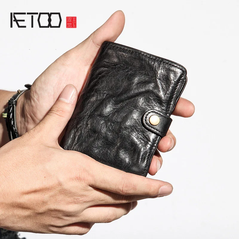 

AETOO Men's leather short wallet, folding card holder, soft leather vertical style simple wallet, retro men's thin wallet