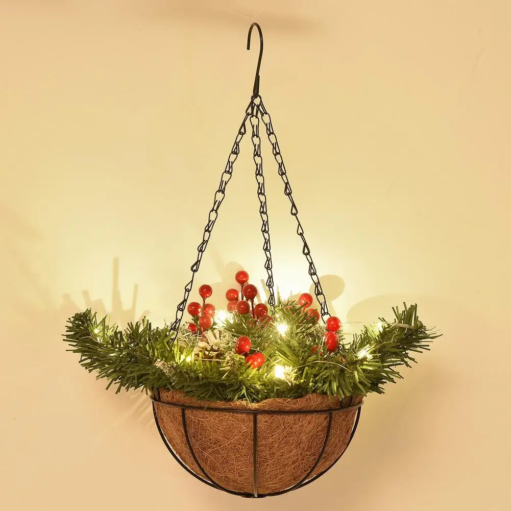 

Artificial Christmas Hanging Basket Xmas Decorations LED Lights Berries Pine Needles Branches Home Front Door Party Ornaments