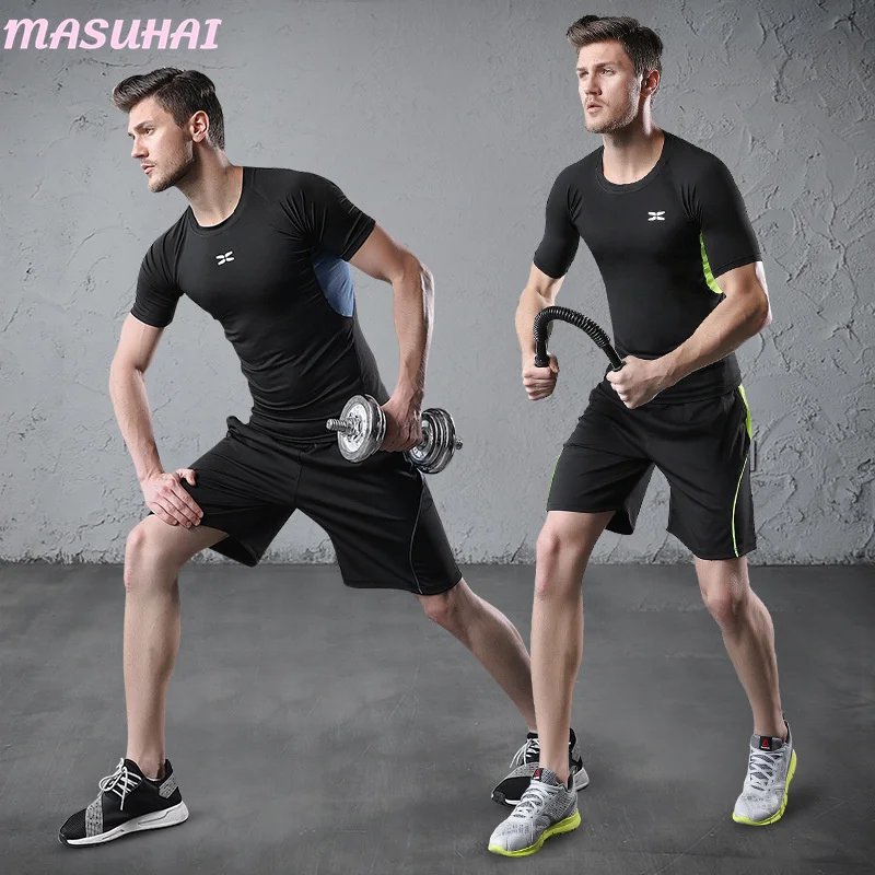 

MASUHAI simple men's leisure outdoor sports quick drying suit short sleeve running suit two piece wholesale logo customizati