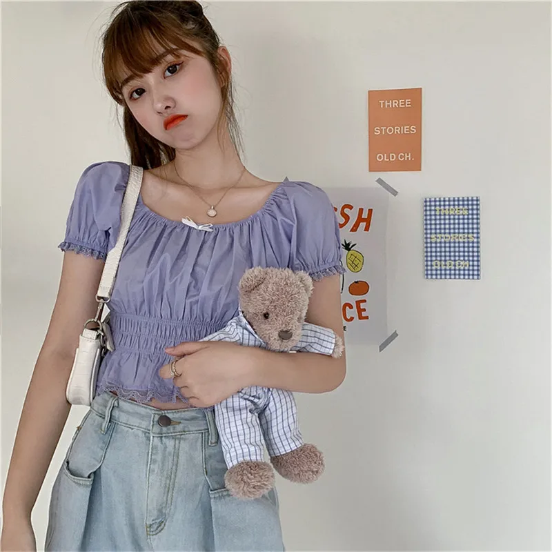 

POUNGDUDU 2021 Summer Women's Shirt Female Tops For Girl Sweet Slim Women's Blouse Lace Puff Short Sleeve Concise Office Lady