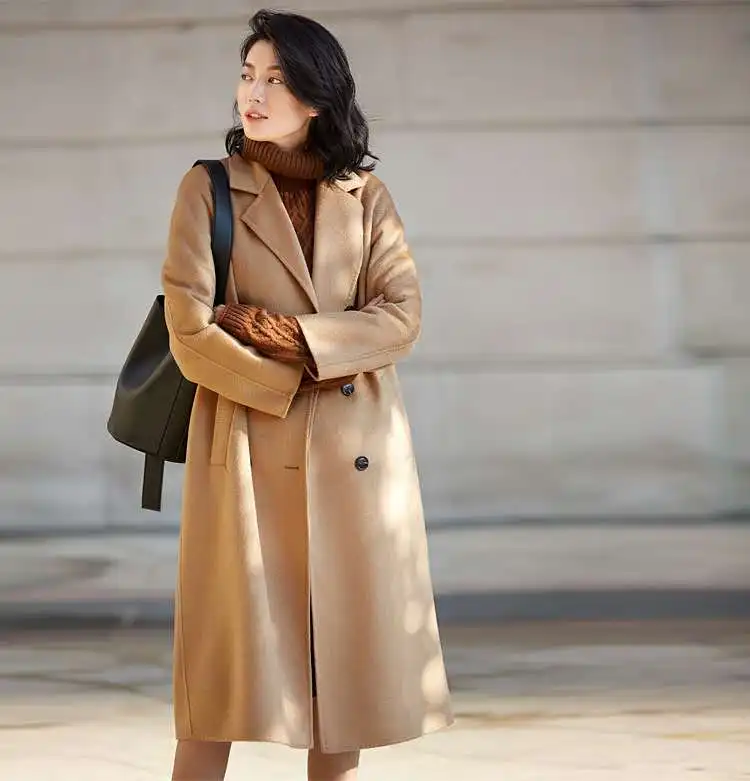 

Tailor Shop Custom Made Star Same Style Water Ripple Double-sided Cashmere Coat Women Mid-length Woolen Coat