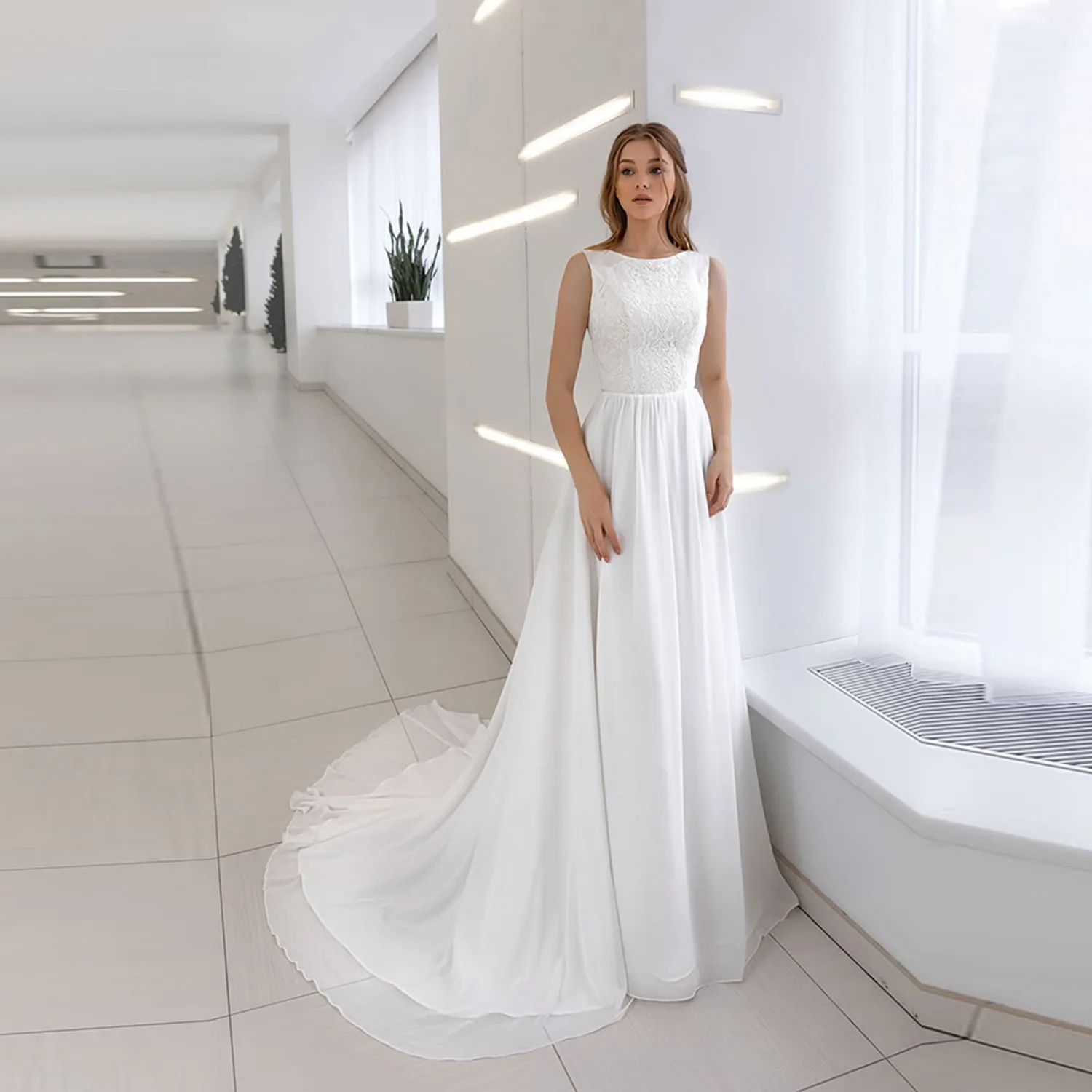 

Scoop Neck A-Line Chiffon Wedding Dress Sleeveless Simple Long Women Ladies Bridal Gowns Spring Custom Online 2021 Vestidos