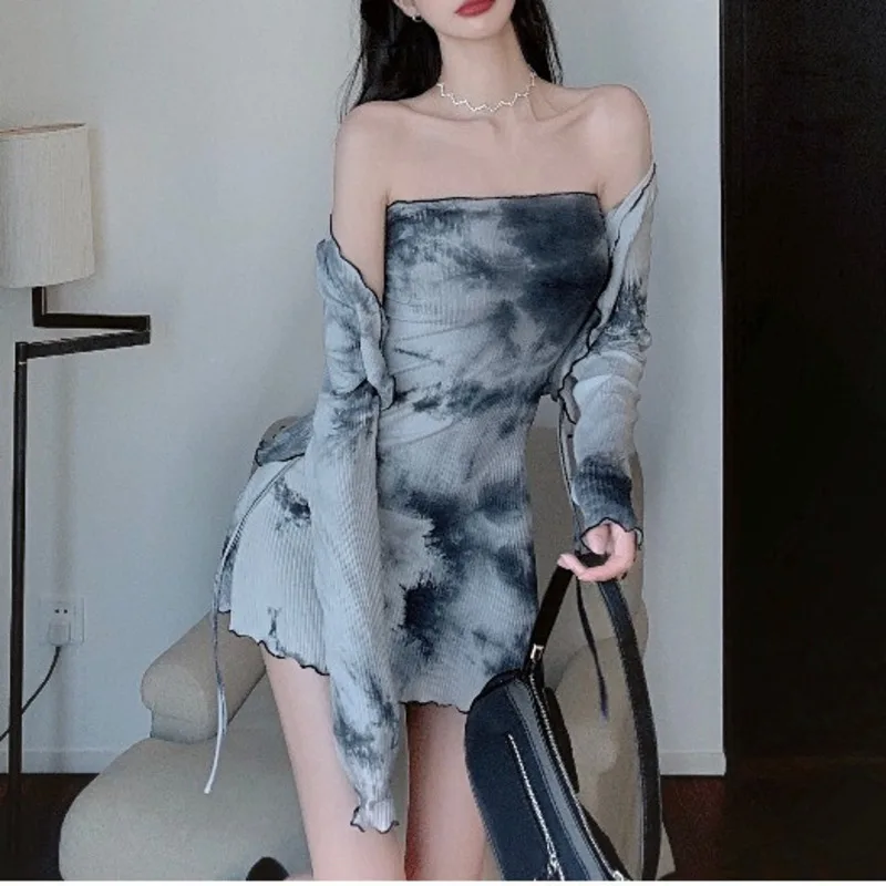 

Tops Vintage Casual Slim New Korean Tie Dye Full Sleeve Cardigan T Shirt + Women's Knitting Tank Mini Dress Top Two Piece Set G9