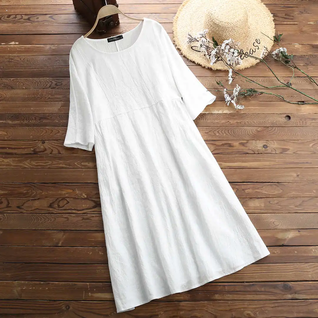 Solid White Женское льняное платье, кафтан, женский сарафан с коротким рукавом,, ZANZEA, модные женские рубашки, платье размера плюс вечерние, мешковатые платья для женщин - Цвет: Solid White