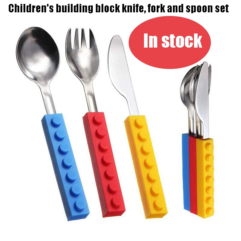 

Building Block Cutlery Silicone Tableware Creative Children Western Food Stainless Steel Three-piece Tableware Birthday Gift