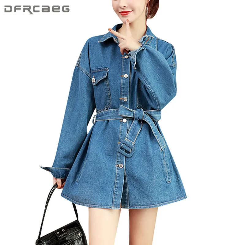 

Streetwear Vintage Women's Long Jeans Jackets With Lace Belt 2021 Spring BF Slim Waist Ladies Denim Coats Outerwear