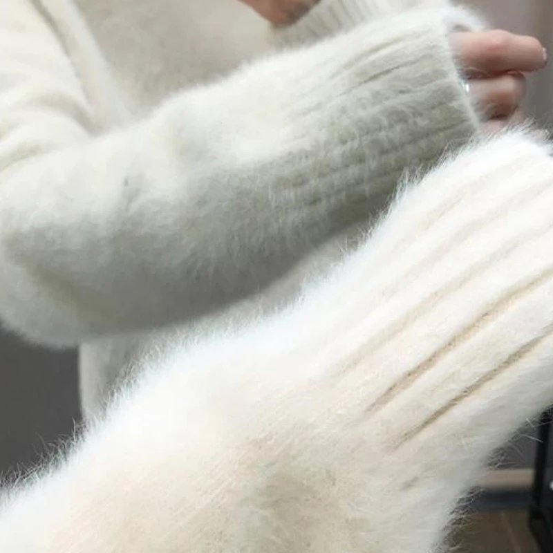 

Casual Solid Color Pullover femme Winter White Mohair Thicken Turtleneck Sweater Sweet Fashion Long Sleeve Black Sweater Women