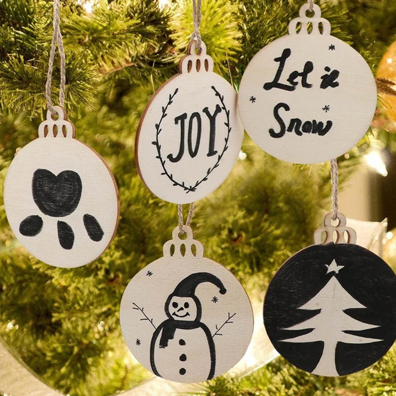 

10pcs Wooden Tags Christmas Decoration For Home New Year Balls Decor Art Crafts Ornaments Diy Scrapbooking Party