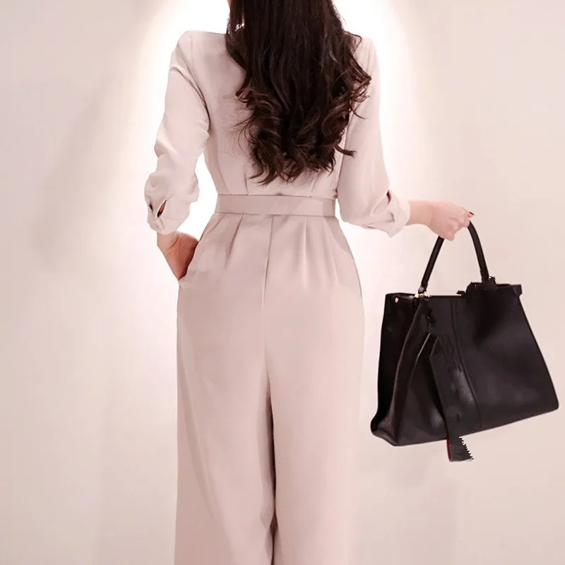 2019 Autumn V-neck High Waist Wide Leg Jumpsuit Elegant Women Sashes Business Work Rompers Loose Solid Long Overalls | Женская одежда
