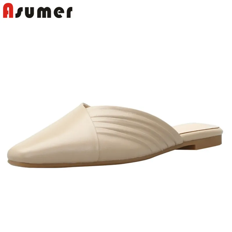 

Asumer 2021 Hot Sale Genuine Leather Shoes Women Slipper Square Toe Solid Colors Low Heel Casual Shoes Women Summer Slipper