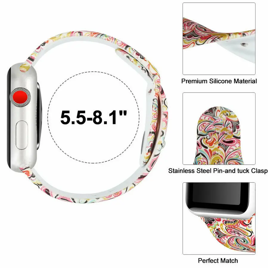 Сменный спортивный ремешок для Apple Watch Band 5, 4, 44 мм, 40 мм, силиконовый браслет с цветочным принтом для iWatch Series 3, 2, 1, 42 мм, 38 мм