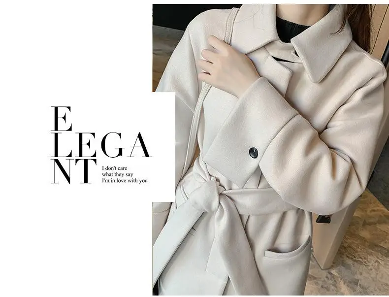 

Loose Warm Wool Blends Long Winter Coat Turn-down Collar Adjustable Belt Wool Coats Women Office Work Wear Elegant