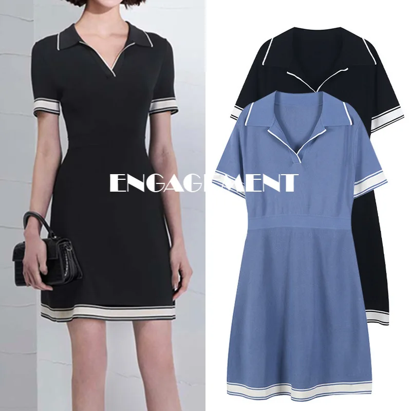 

ENGAGEMENT 2021 Summer New Slim Lapel Knit Dress Femininity Waist Contrast Skirt
