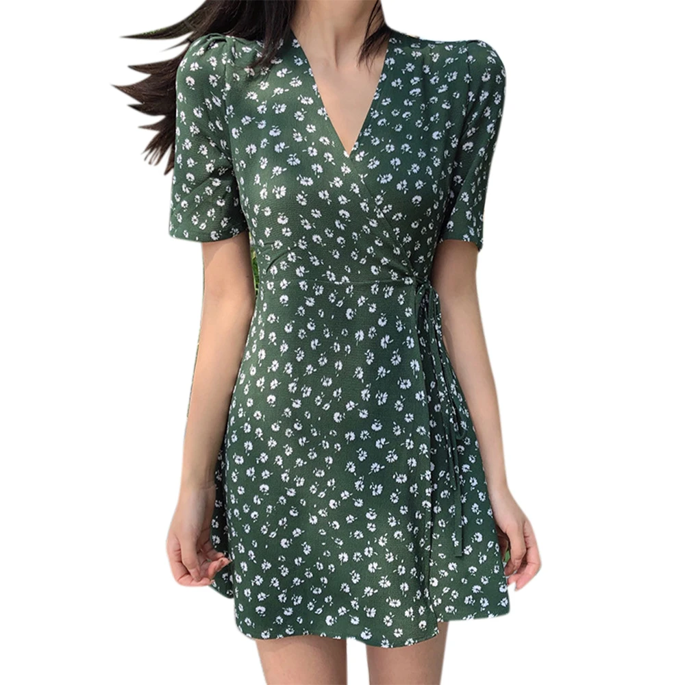 

VICABO Summer Green Dress Women Lace Up V-Neck Floral Printed Mini Dress Short Puff Sleeve Casual Elegant Female Vestidos