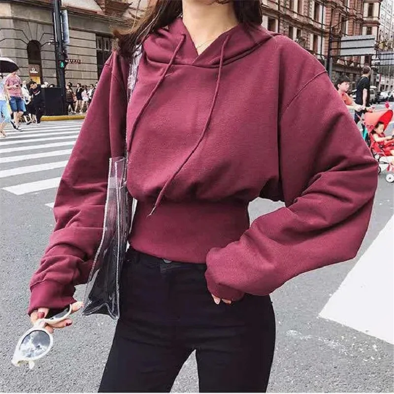 

2020 Autumn Women's New Loose and Thin Hoodies Fashion Waist Design Solid Color