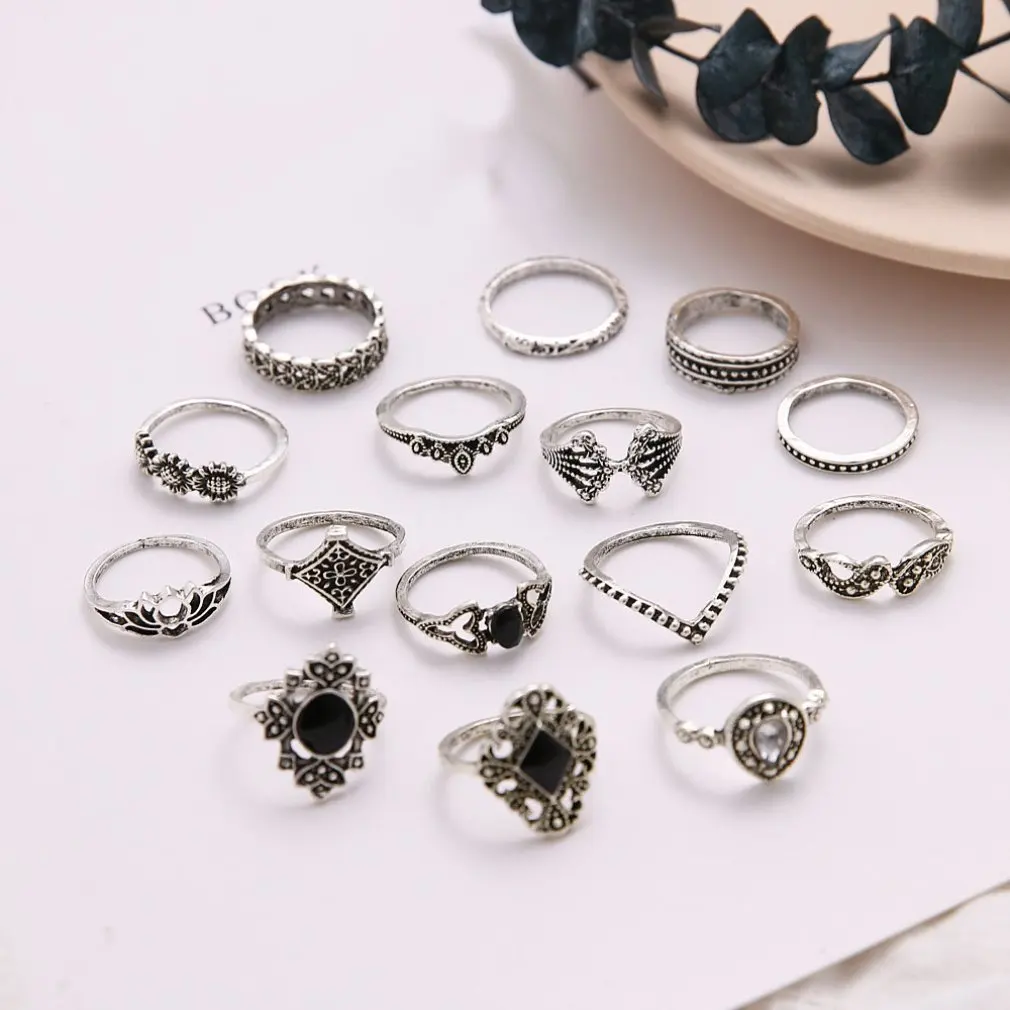 15 шт./компл. богемное Ретро хрустальное кольцо с цветком и листьями полые стразы