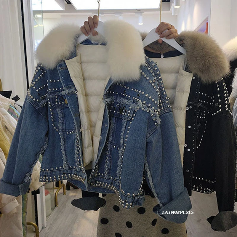 2021 натуральный Лисий мех воротник джинсовое пальто пуховик женский зимний 90%