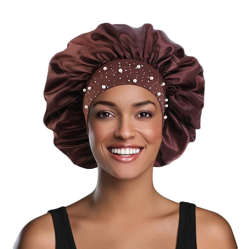 

Newly Satin Women Hat Night Sleep Cap Rhinestone Sleeping Hair Care Salon Makeup Headband Muslim Hijab Head Cover Bonnet Hat