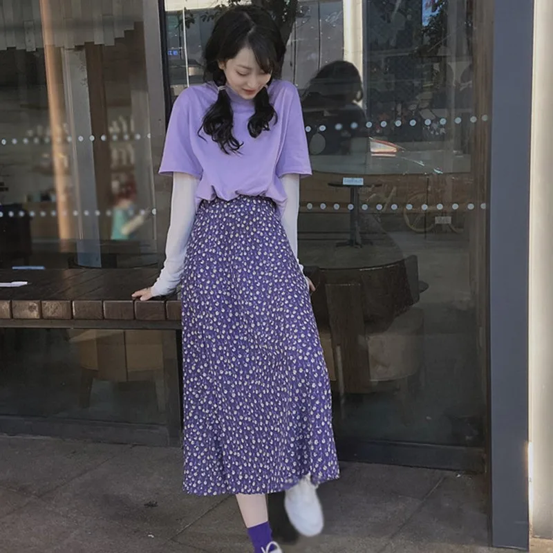 

Retro Print Chiffon Skirt Women High Waist Beach Skirt Elegant Bohemian Summer 2021