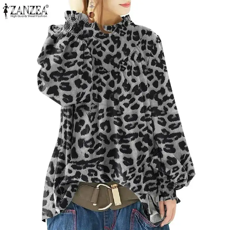 

Bohemian Fashion Casual Loose Smocking Design Tops ZANZEA Women Puff Sleeved Holiday Blouse Leopard Printed Casual Loose Shirts