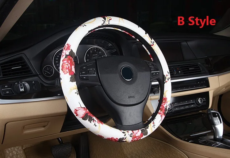 B Style Китайский стиль Пион цветочный принт чехол рулевого колеса автомобиля кожа 38 см Универсальный Авто стиль для женщин девочек - Название цвета: B Style